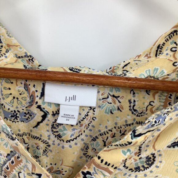 J.Jill Women's Yellow Paisley Blouse 2X Roll Tab Sleeve V-Neck Top - Picture 2 of 6